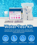 Top Tier Free Chlorine Test Kit Boasting Fifty Rapid Action Tabs And Dead Easy Color Chart For Pool Spa And Well Water Analysis Drops and sample kit displayed with water background.