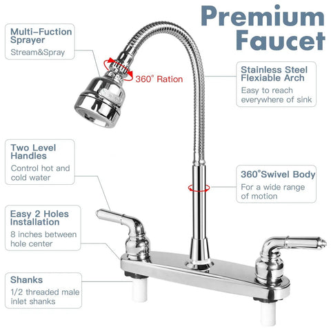 Top Shelf RV Kitchen Faucet Sporting A Slick 360 Rotating Sprayer Head And Hella Tough Stainless Steel Frame With An Eight Inch Two Hole Base