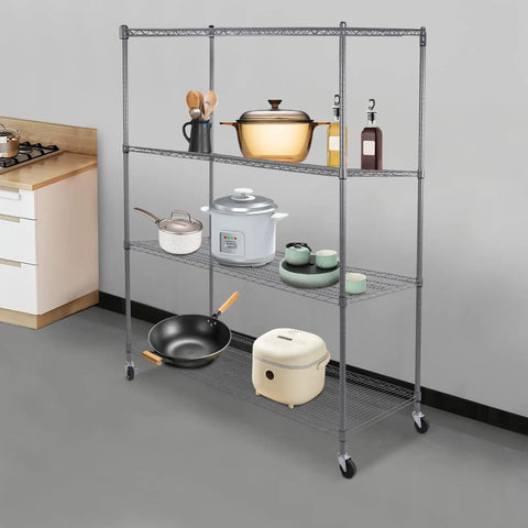 Heavy Duty 4 Tier Wire Shelving Rack Smooth Operator Design Adjusts in Seconds with kitchen cookware and appliances.