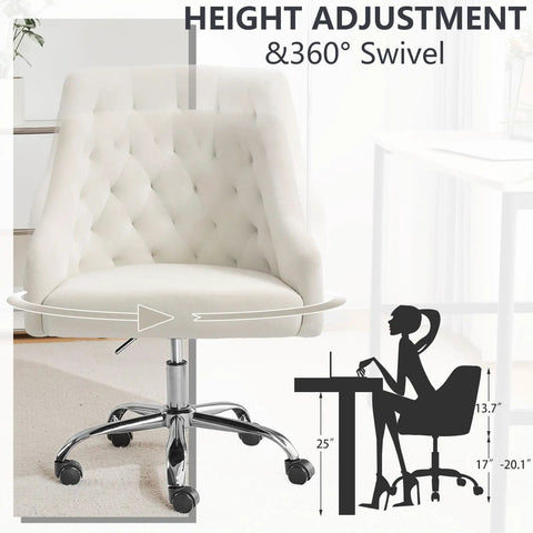Soft Velvet Office Chair With 360 Degree Swivel And Height Adjustable Desk Chair Cushioned Seat Backrest And Armrests White