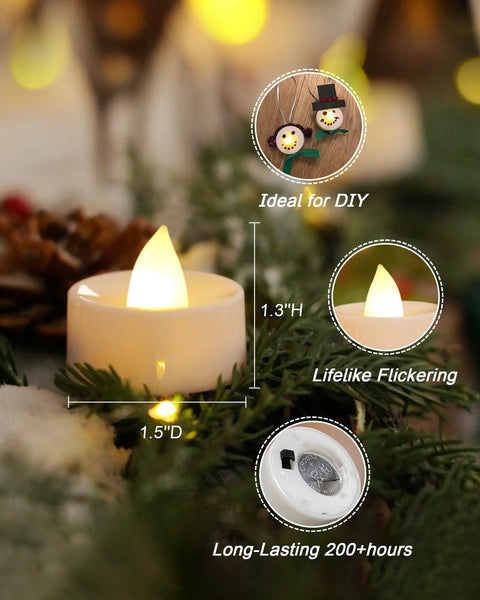 30 Pack Flickering Flameless Tea Lights Battery Operated For Wedding Table Centerpieces showcasing candle on pine branches
