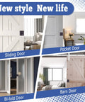 Different styles of doors including sliding, pocket, bi-fold, and barn doors shown in home interiors.