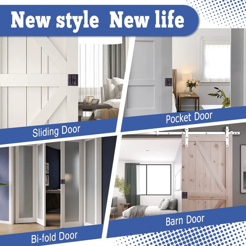 Different styles of doors including sliding, pocket, bi-fold, and barn doors shown in home interiors.