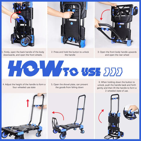 How to use 2 In 1 Folding Hand Truck With Four Foldable Wheels And Retractable Handle Heavy Duty Moving Dolly Cart