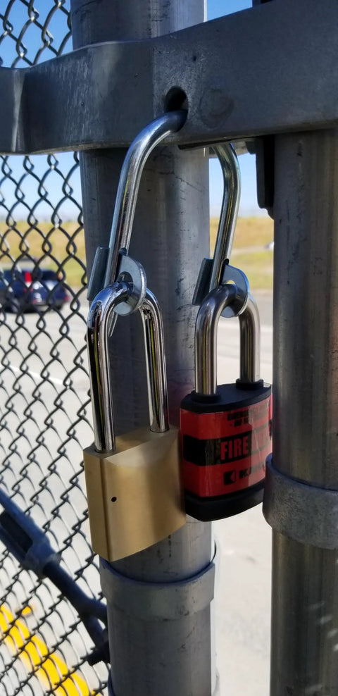 Super Secure Dual Padlock Gate Lock Killing Messy Daisy Chains For Hella Tough Barn Yard Protection, dual padlocks on a gate.