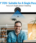 Slick 1080P USB Webcam With Crisp Stereo Mic And Slide Lock Privacy Slider For Dope Video Calls Remote Hustling Live Streaming Plug And Play Top Tier Lens Upgrade showing a 70-degree FOV suitable for a single person meeting.