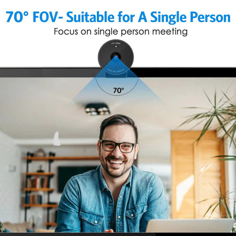 Slick 1080P USB Webcam With Crisp Stereo Mic And Slide Lock Privacy Slider For Dope Video Calls Remote Hustling Live Streaming Plug And Play Top Tier Lens Upgrade showing a 70-degree FOV suitable for a single person meeting.