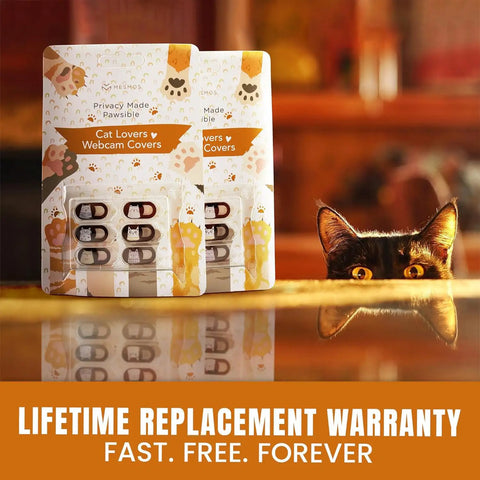 Slick Little Webcam Cover Slide For Laptops And Macbooks Featuring Adorable Cat Vibes in packaging with a cat peeking.