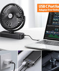 10000mAh Battery Operated Camping Fan With LED Light And 7 Inch USB Fan connected to laptop via USB C for tent car RV