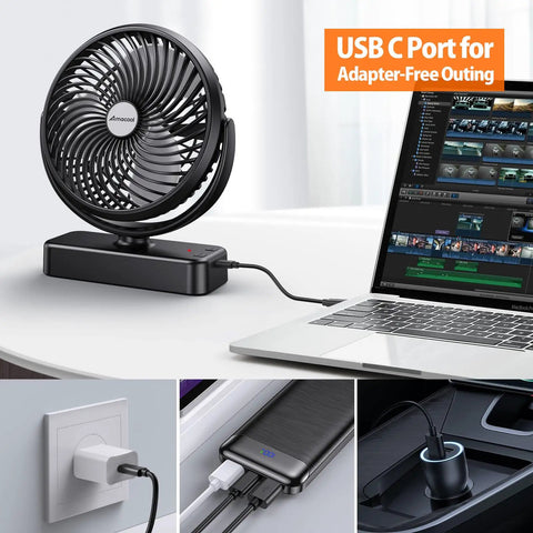 10000mAh Battery Operated Camping Fan With LED Light And 7 Inch USB Fan connected to laptop via USB C for tent car RV