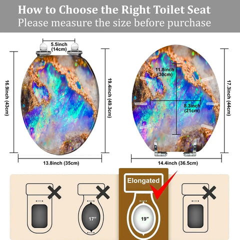 Toilet Seat Resin for Bathroom, elongated design, 14.4" x 19.4", colorful resin material, size measurement guide.