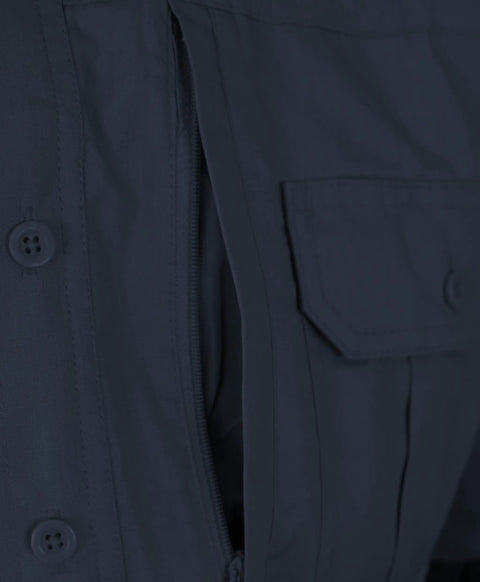 Men's Short Sleeve Tactical Shirt In LAPD Navy Blue With Teflon Stain Repellent Finish showing dual chest pocket and zipper detail.