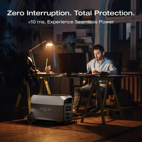 Man working at desk with Delta 3 Ultra Portable Power Station With Solar Panel And 3072Wh LiFePO4 Battery nearby powering devices.