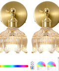 Vintage Battery Operated Wall Sconces Set Of 2 Rechargeable Wireless Light Fixtures with brass and glass design, remote-control features.