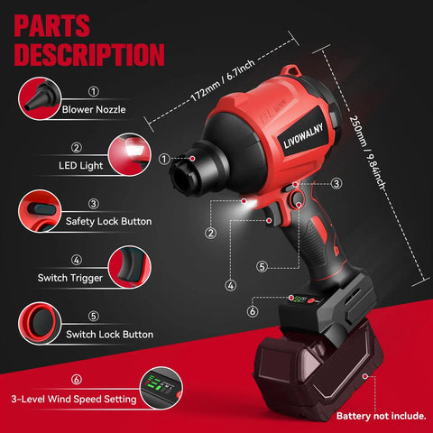Cordless Air Blower Dust Duster For Milwaukee 18V brushless power with 3 speeds and 7 nozzles, parts and features labeled