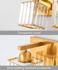 Close-up of Four Light Vanity Light In Gold Brushed Brass Finish With Clear K9 Crystal For Bathroom Wall Sconce Lighting Modern Sleek Luxury Fixture Dope For Powder Room Or Spa Like Glow, highlighting transparent crystal and brass detailing.