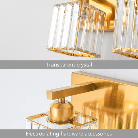 Close-up of Four Light Vanity Light In Gold Brushed Brass Finish With Clear K9 Crystal For Bathroom Wall Sconce Lighting Modern Sleek Luxury Fixture Dope For Powder Room Or Spa Like Glow, highlighting transparent crystal and brass detailing.