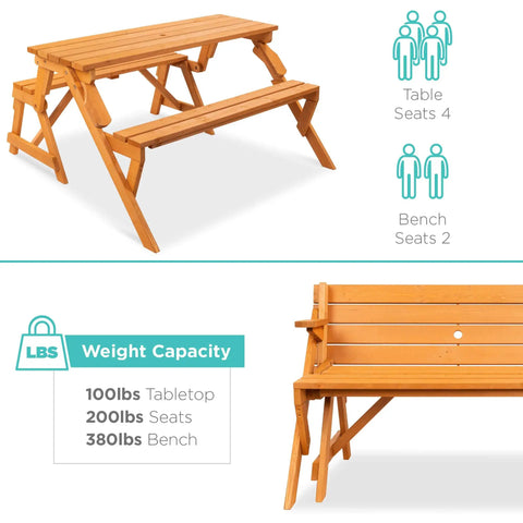 2-In-1 Transforming Outdoor Picnic Table And Garden Bench, Wooden Patio Furniture With Umbrella Hole in table and bench configurations