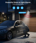 3MP Solar Wireless Outdoor Security Camera with PTZ and siren alert illuminating a person near a car at night
