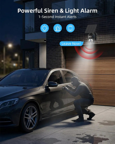 3MP Solar Wireless Outdoor Security Camera with PTZ and siren alert illuminating a person near a car at night