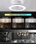 Remote Control Bladeless Ceiling Fan With Lights, 18.5 Inch Low Profile, showing dimmable settings and color adjustment for living room.