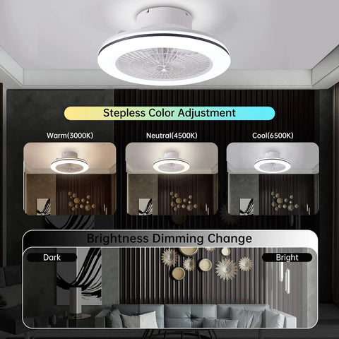Remote Control Bladeless Ceiling Fan With Lights, 18.5 Inch Low Profile, showing dimmable settings and color adjustment for living room.