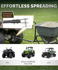 110 Lb Tow Behind Fertilizer Broadcast Spreader With 10 Adjustable Drop Rate attached to a vehicle on grass