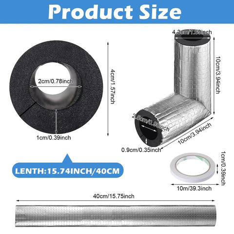Product dimensions of 24 Pcs Pipe Insulation Foam Tubes And 4 Pcs Elbow Covers Self Adhesive Pre Slit Aluminum Foil Wrap