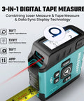 No Brainer 3 In 1 Laser Tape Measure With App Sync For Easy Data Transfer, 130 Feet Laser Distance Meter, 16 Feet Waterproof Digital Tape, Area Volume Pythagorean Mode, Rechargeable Battery And Fast App Connectivity. 3-in-1 digital tape measure with laser and tape showing 131ft reach and app sync