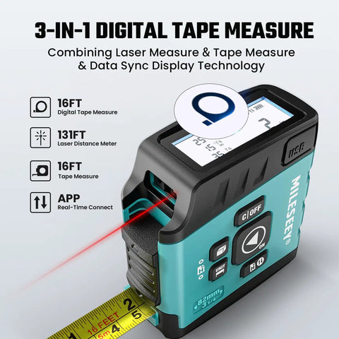 No Brainer 3 In 1 Laser Tape Measure With App Sync For Easy Data Transfer, 130 Feet Laser Distance Meter, 16 Feet Waterproof Digital Tape, Area Volume Pythagorean Mode, Rechargeable Battery And Fast App Connectivity. 3-in-1 digital tape measure with laser and tape showing 131ft reach and app sync