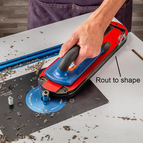 Person using a routing table with wood, showing Phenolic Zero Clearance Table Saw Insert Blanks 2 Pack For Reduced Splintering