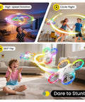 Beginners Drone For Kids With 3 Batteries And Easy Flight Modes HS180 performing stunts with colorful LED lights indoors.