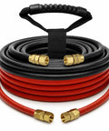 High End 15 FT Air And Fluid Hose Set Built For Spray Guns And Paint Pressure Pot Tanks Pro Grade 3 8 Inch Air Line coiled black and red hose set with brass fittings