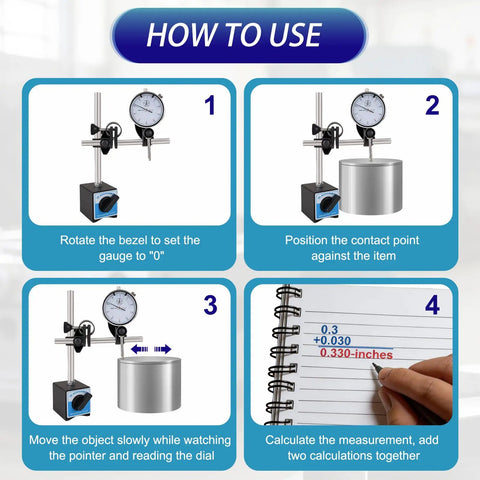 Instructions for using Dial Indicator With Magnetic Base 0 To 1 Inch Range And 0.001 Inch Resolution, 22 AGD Contact Points, 360 Degree Rotatable Arm