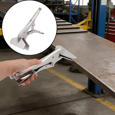 2 Piece 10 Inch Locking Sheet Metal Clamps Heavy Duty Carbon Steel Welding Vise With Lock It Down Adjustable Jaw in use on metal.
