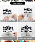 Tutorial for assembling Eight Piece Mountain Bike Birthday Honeycomb Centerpieces With Clips, showing steps to create table toppers.