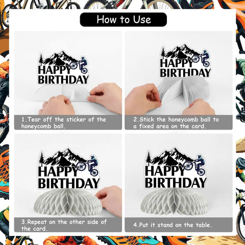 Tutorial for assembling Eight Piece Mountain Bike Birthday Honeycomb Centerpieces With Clips, showing steps to create table toppers.