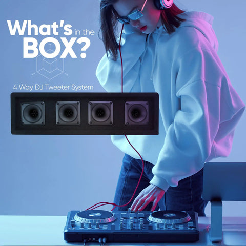 4 Way DJ Speaker System With 300 Watt Peak Power and 150 Watt RMS, four 3 inch piezo tweeters, black, next to DJ controller