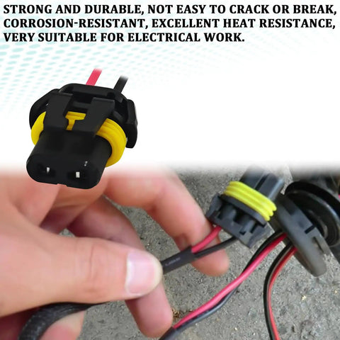 Close-up of Headlight Wiring Harness Kit For 9005 9006 9012 HB3 HB4 Plug Sockets Female Adapters with nylon shell and wiring.