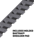 Close-up of Baktrak Traction Web Rifle Sling's slim non-slip gray molded shoulder pad and durable webbing.
