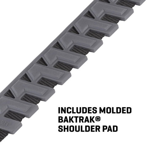 Close-up of Baktrak Traction Web Rifle Sling's slim non-slip gray molded shoulder pad and durable webbing.
