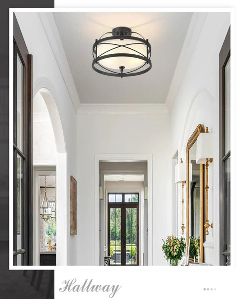 Industrial Vintage Semi Flush Mount Ceiling Light With Two Cage Drum Light Fixtures In Old Bronze Finish for hallway