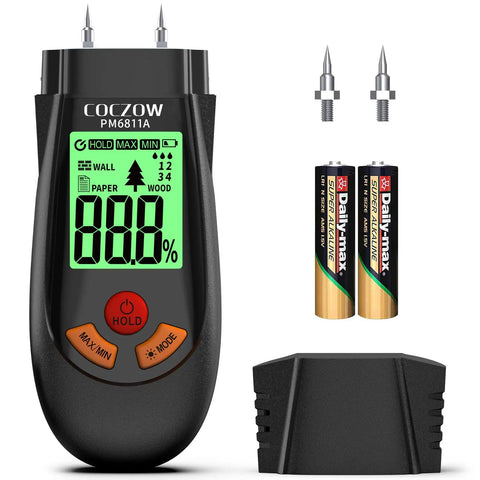 Wood Moisture Meter With Battery And LCD Display showing two-pin probes and batteries included