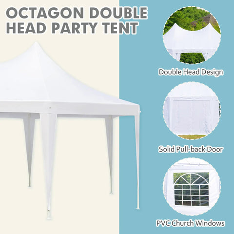 Heavy Duty Octagonal Party Tent 20x15ft with Six Removable Sidewalls, Church Windows, pull-back doors, outdoor view