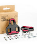 Bike Cleats For Look KEO Compatible 9 Degree Float System, black and red with hardware kit, shown next to packaging.
