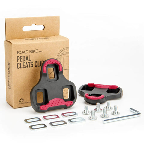 Bike Cleats For Look KEO Compatible 9 Degree Float System, black and red with hardware kit, shown next to packaging.