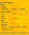 Chart outlining Disposable Foam Ear Plugs 200 Pairs Corded NRR 29 dB options, not metal detectable, corded, poly bag packaging