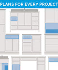Image showing various kitchen cabinet layouts featuring Retractable In Drawer Power Outlet With Four AC Outlets Brushed Stainless Steel.