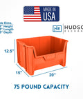 54 Pack Heavy Duty Plastic Stackable Hopper Bins 20 By 15 By 12 In Orange Industrial Bulk Storage Containers With Tough Grip Handles showing dimensions and capacity.