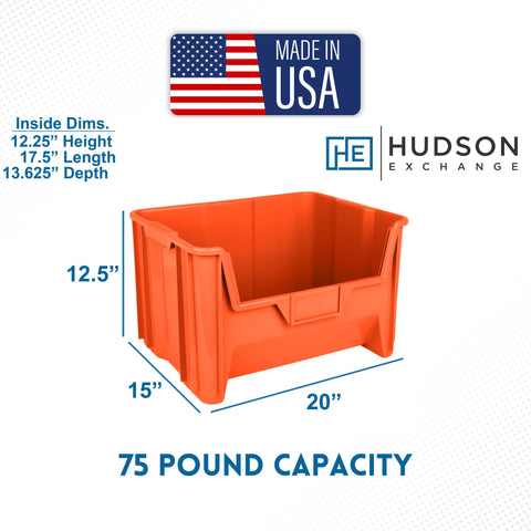 54 Pack Heavy Duty Plastic Stackable Hopper Bins 20 By 15 By 12 In Orange Industrial Bulk Storage Containers With Tough Grip Handles showing dimensions and capacity.